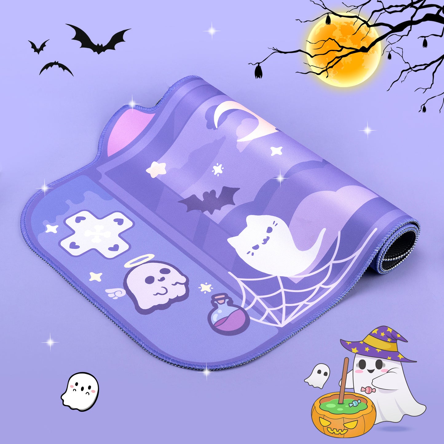 Kiloluv Spooky Ghost Large Mouse Pad, Mysterious Purple Desk Mat Protector for Office, Home, Gaming, Halloween Decoration